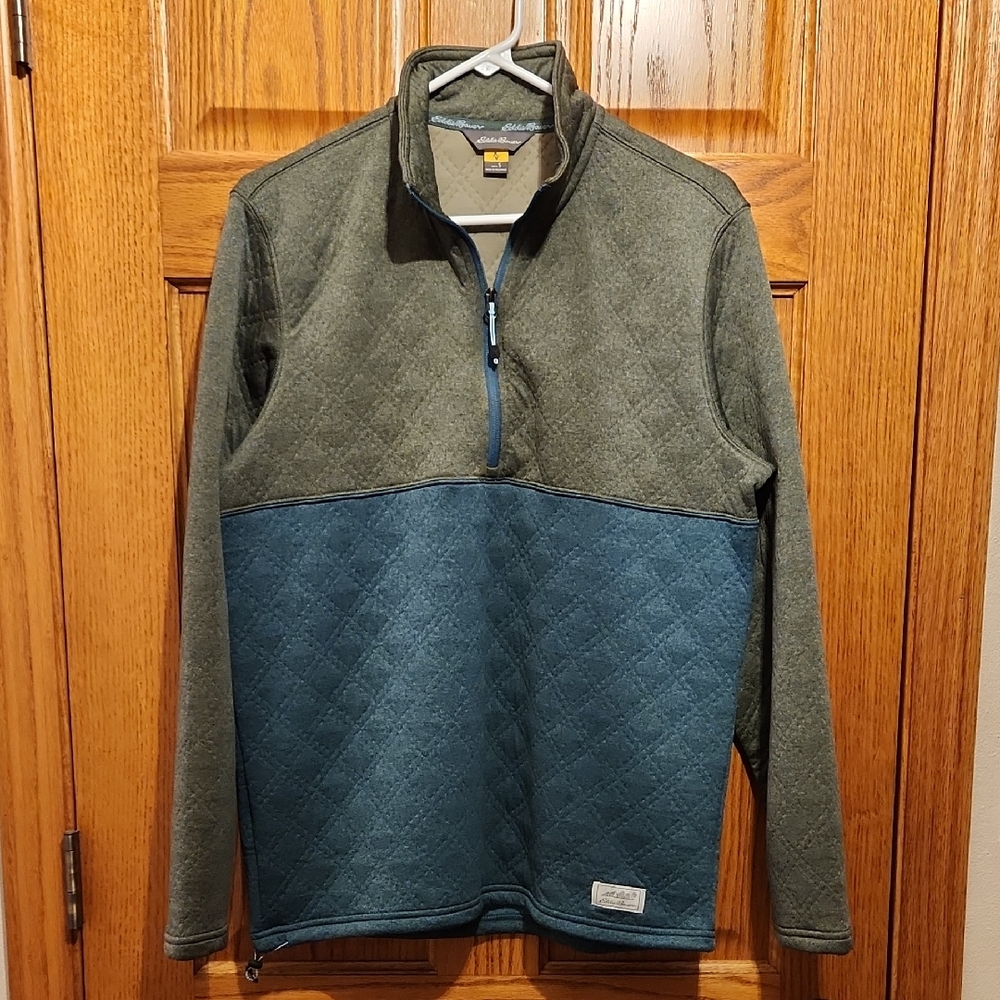 Eddie Bauer Olive and Teal 1/4 Zip Up Quilted PULLOVER Sweater